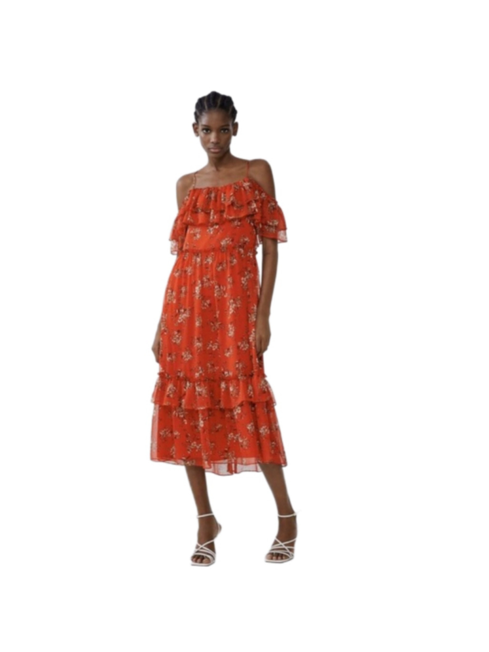 ZARA Red Floral Off The Shoulder Ruffled Tiered Chiffon Midi Dress Size XS